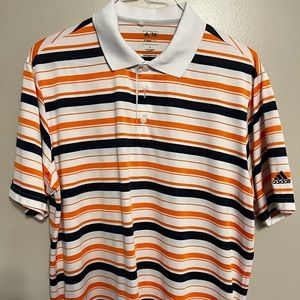 Adidas used golf shirt. White golf shirt with orange and navy stripes.